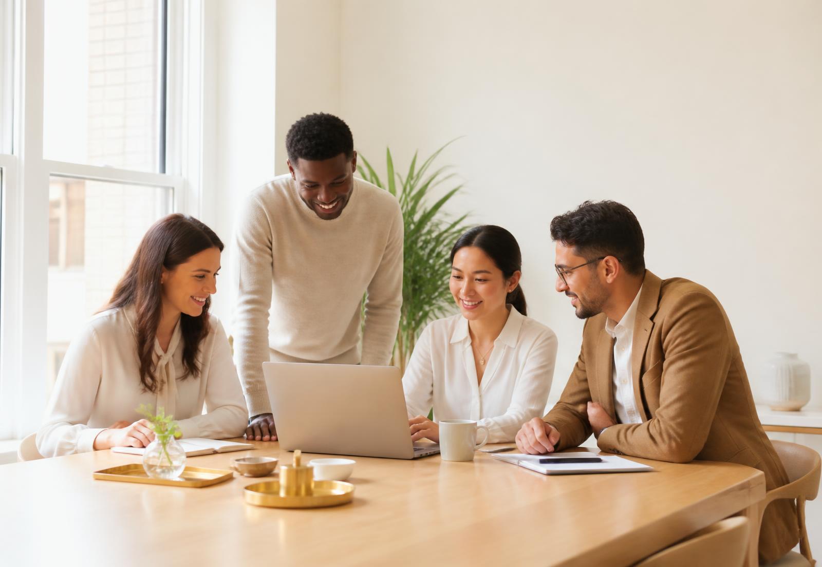 Four professionals collaborating around a table in a bright modern office
